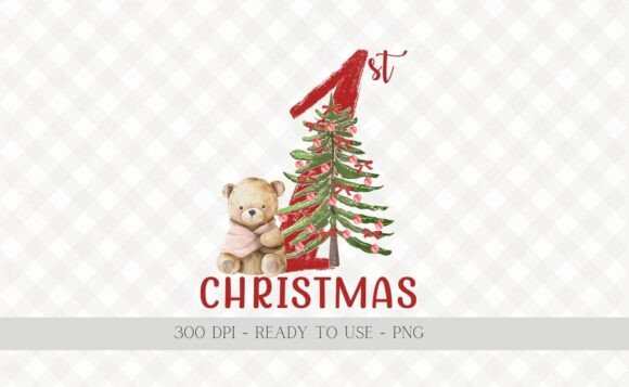 1st Christmas Teddy Bear Xmas Tree PNG Illustrations