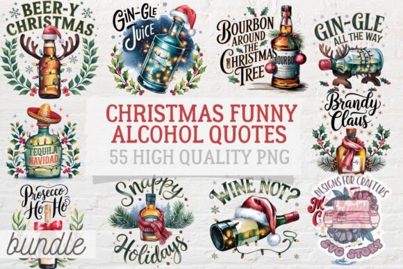Christmas Alcohol Funny Bundle 55 PNG: Festive Illustrations