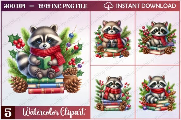 Christmas Cute Raccoon Clipart: Festive Illustrations
