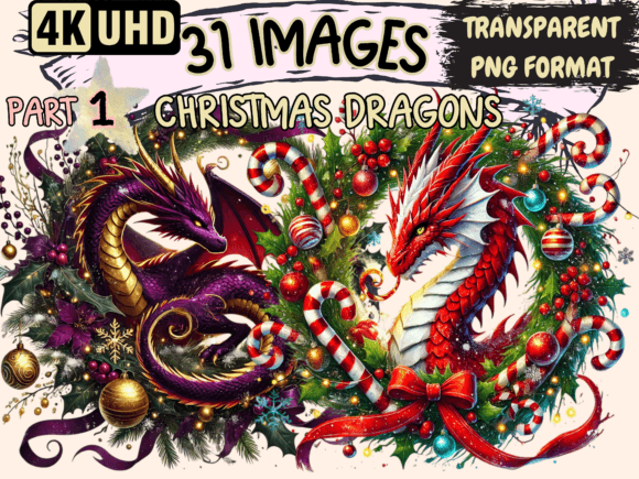 Christmas Dragons Clipart P1: Festive Illustrations