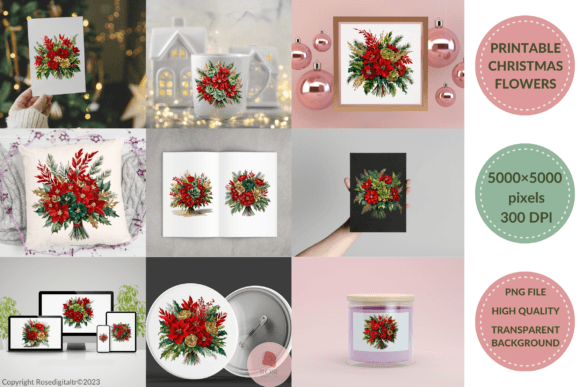 Christmas Flowers Cliparts Bundle 8 Illustrations