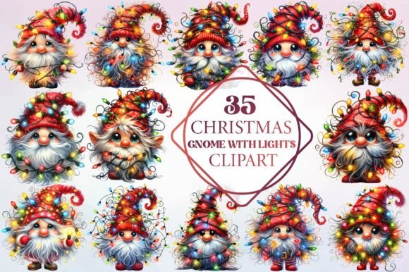 Christmas Gnome with Lights Clipart for Illustrations