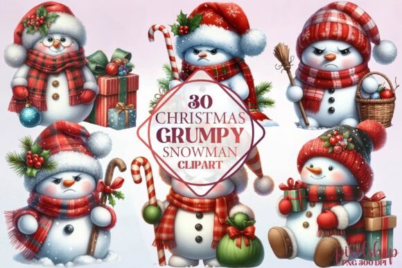 Christmas Grumpy Snowman Clipart for Illustrations