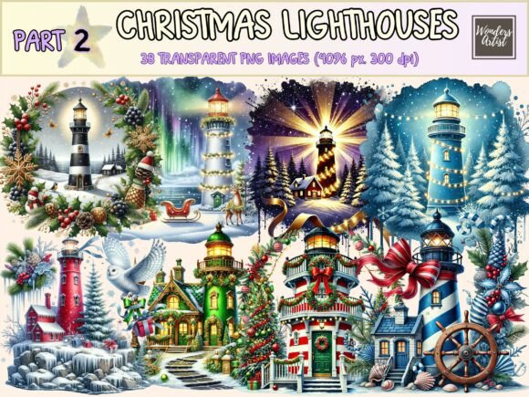 Christmas Lighthouses Clipart P2: Illustrations for Festive Web Design