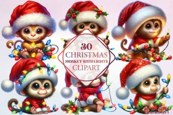 Christmas Monkey with Lights Clipart for Illustrations