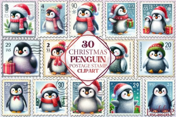 Christmas Penguin Postage Stamp Clipart: Illustrations