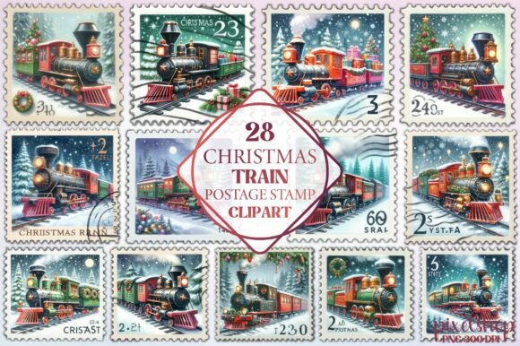 Christmas Train Postage Stamp Clipart for Illustrations