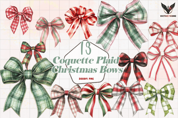 Coquette Plaid Christmas Bows Clipart & Illustrations