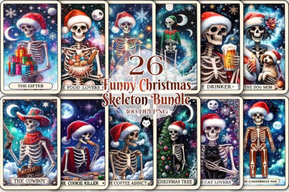 Funny Christmas Skeleton Tarot Cards Illustrations