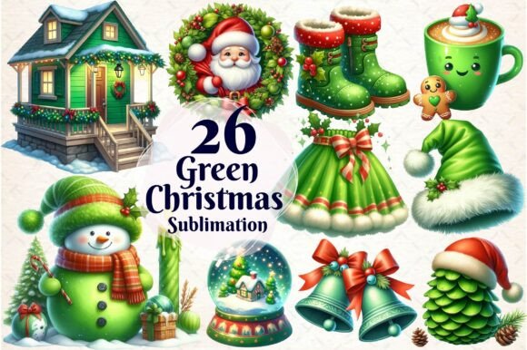 Green Christmas Sublimation Bundle PNG Illustrations