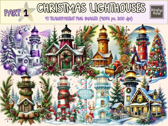 Reviewing Christmas Lighthouses Clipart P1 for Stitching