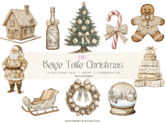 Soft Beige Toile Christmas PNG Clipart Illustrations