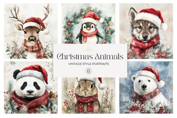 Vintage Christmas Animal Digital Papers & Illustrations