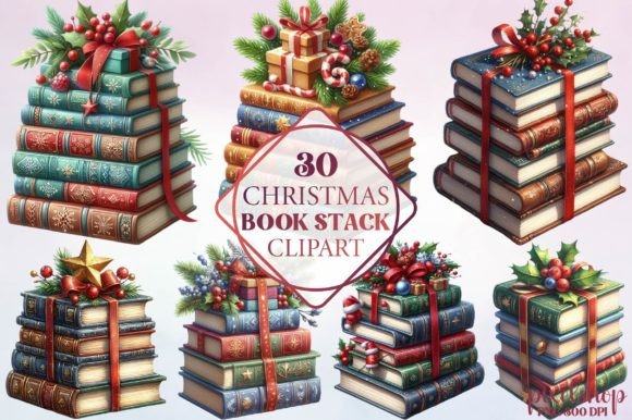 Watercolor Christmas Book Stack Clipart & Illustrations