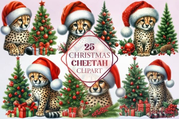 Watercolor Christmas Cheetah Clipart: Illustrations
