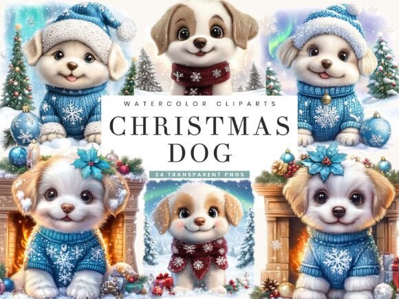 Watercolor Christmas Dog Clipart Bundle Illustrations