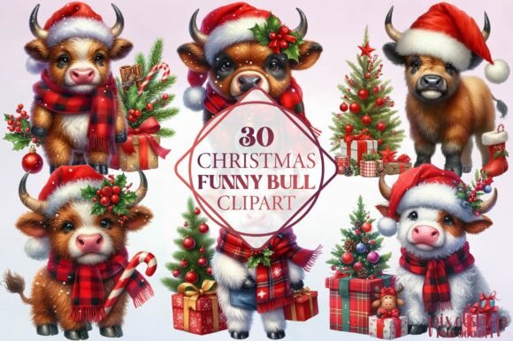 Watercolor Christmas Funny Bull Clipart Illustrations