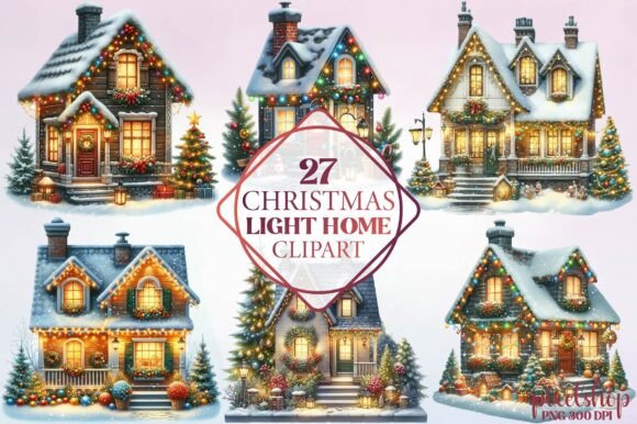 Watercolor Christmas Light Home Clipart Illustrations