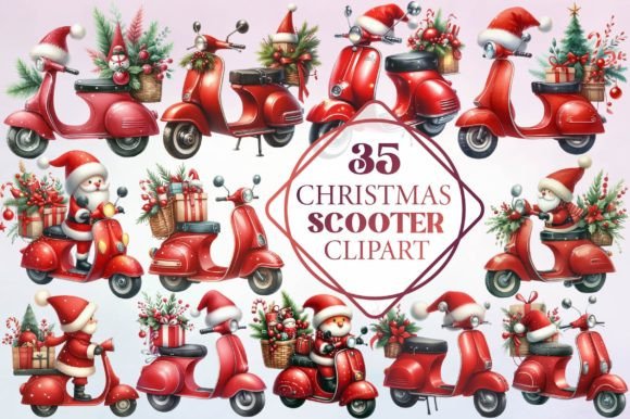 Watercolor Christmas Scooter Clipart for Illustrations