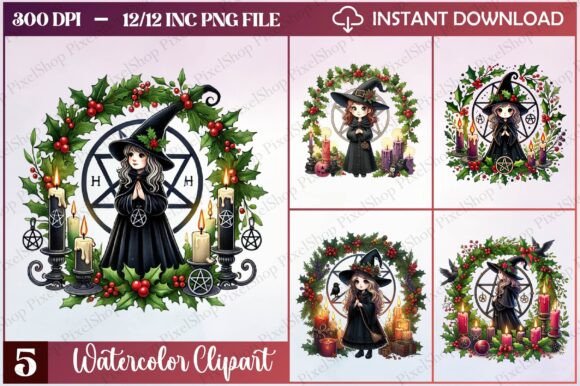 Watercolor Christmas Witch Clipart: Illustrations