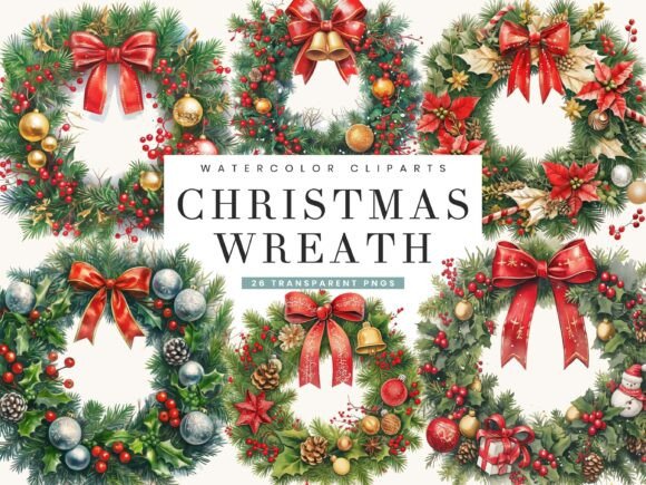 Watercolor Christmas Wreaths Clip Art Illustrations