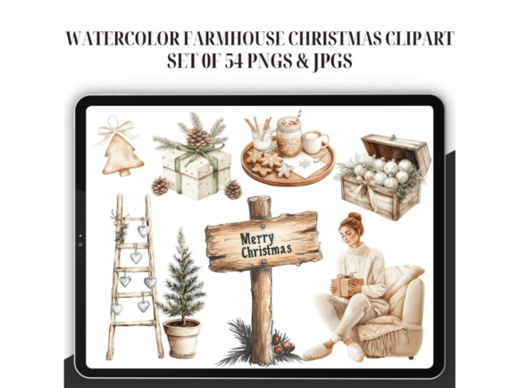Watercolor Farmhouse Christmas Clipart & Illustrations